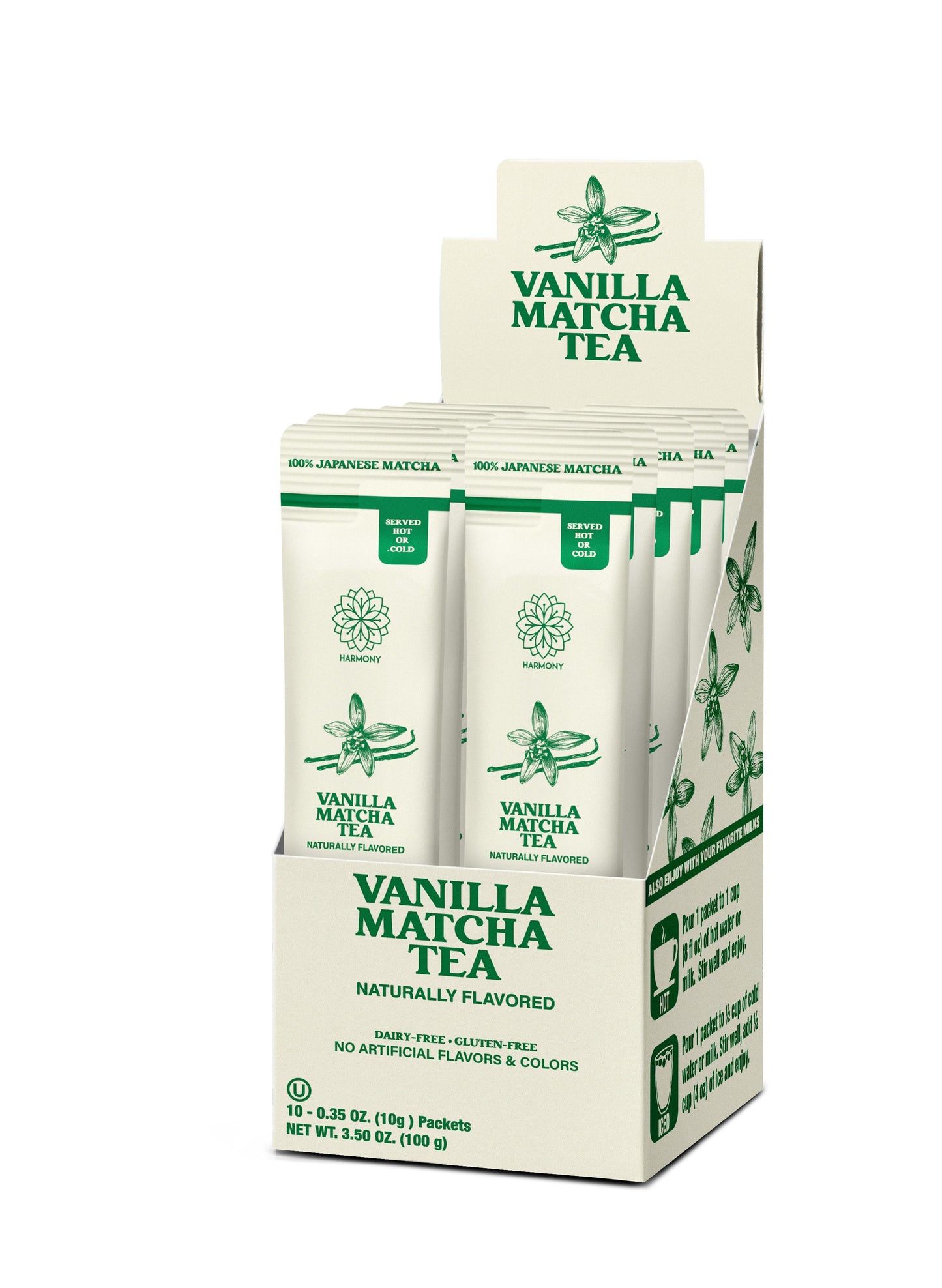 Harmony Matcha Vanilla – Premium Shade-Grown Japanese Matcha, Sweetened with Organic Sugar (10 Stick Packs)