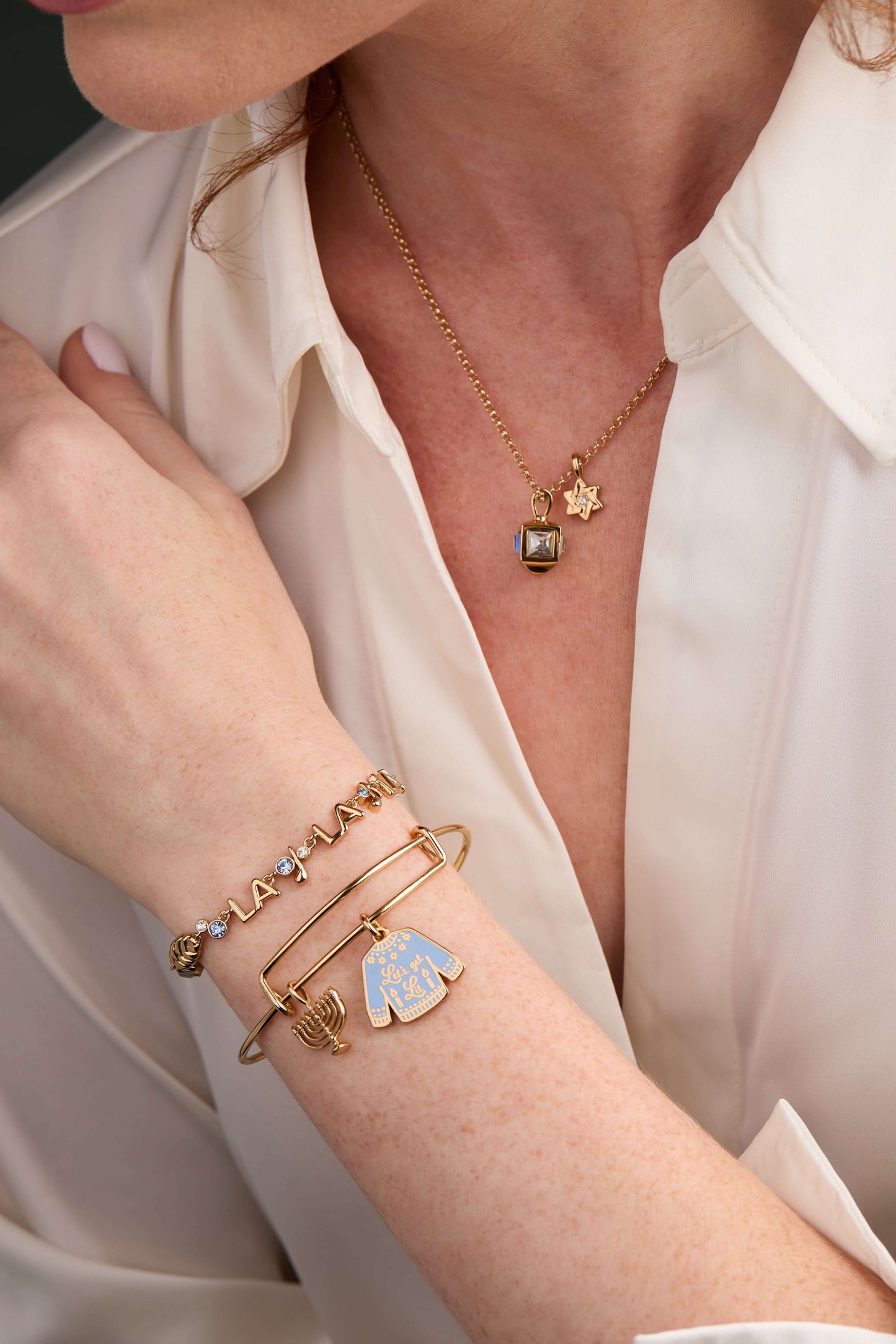 ALEX AND ANI Hanukkah 'Let's Get Lit' Ugly Sweater & Menorah Bangle