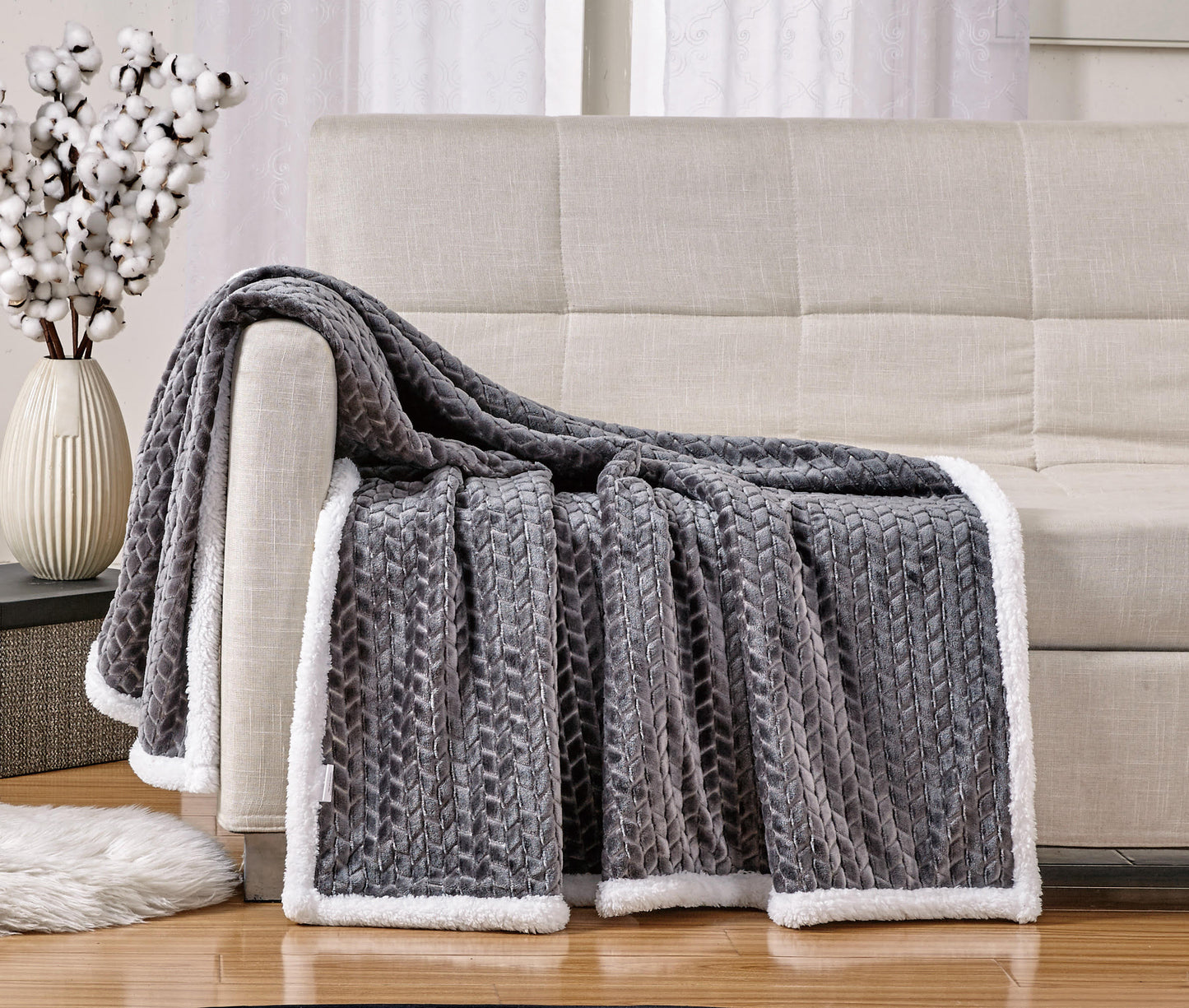 Décor&More Home Essentials Braided Sherpa Blanket — Reversible Plush Throw