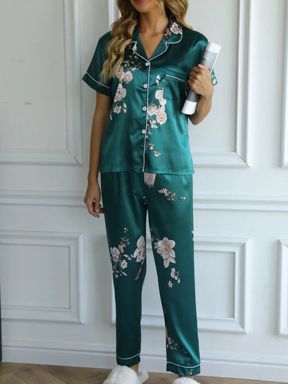 Green Floral Satin Pajamas - Smooth & Comfortable Short Sleeve Pocket Lapel Top & Cozy Long Pants Women's Loungewear & Sleepwear