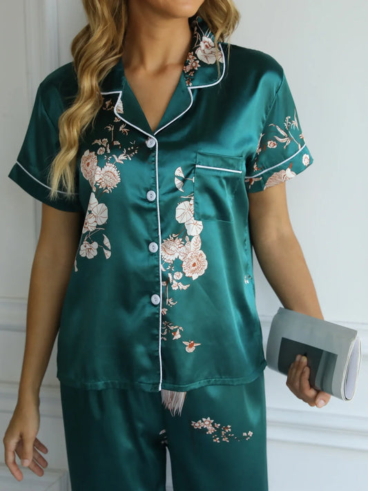 Green Floral Satin Pajamas - Smooth & Comfortable Short Sleeve Pocket Lapel Top & Cozy Long Pants Women's Loungewear & Sleepwear
