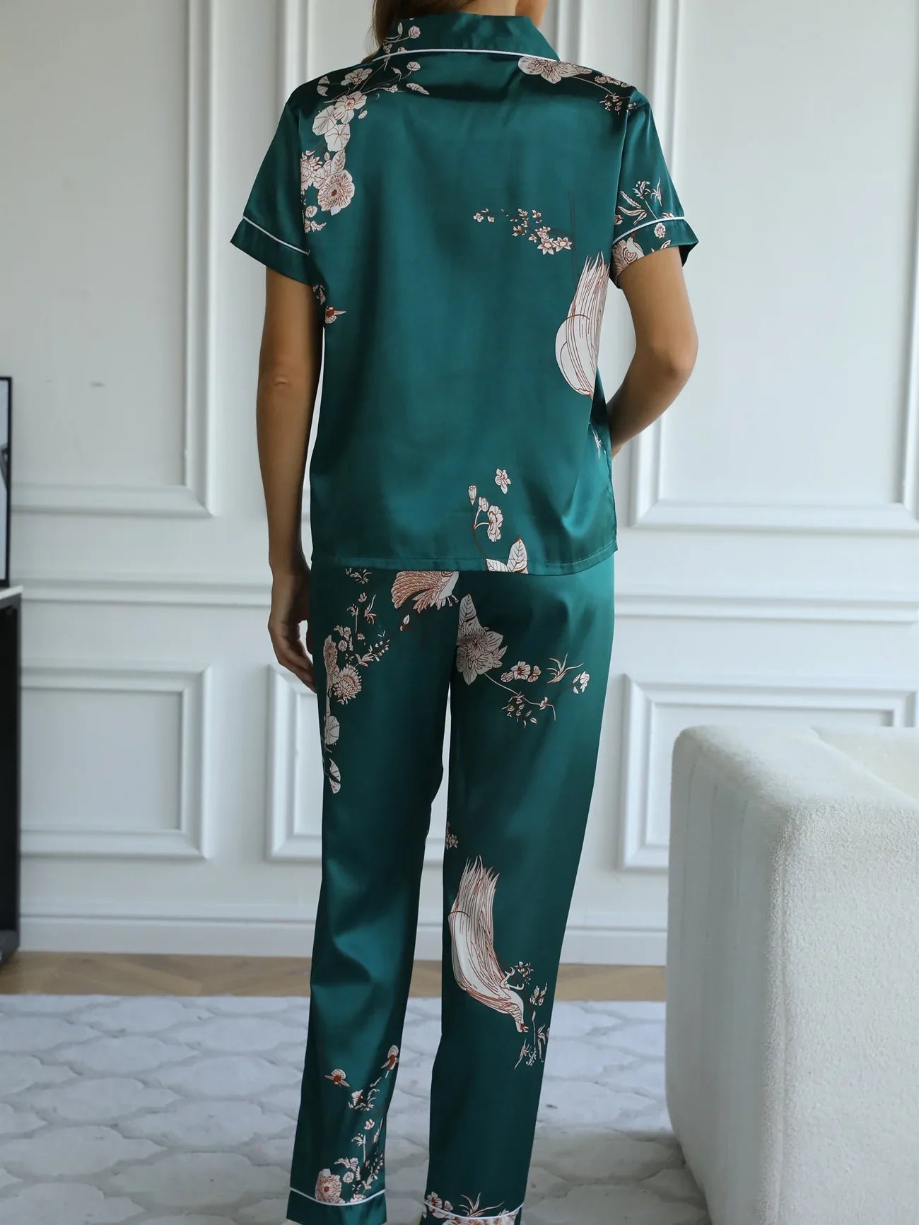 Green Floral Satin Pajamas - Smooth & Comfortable Short Sleeve Pocket Lapel Top & Cozy Long Pants Women's Loungewear & Sleepwear