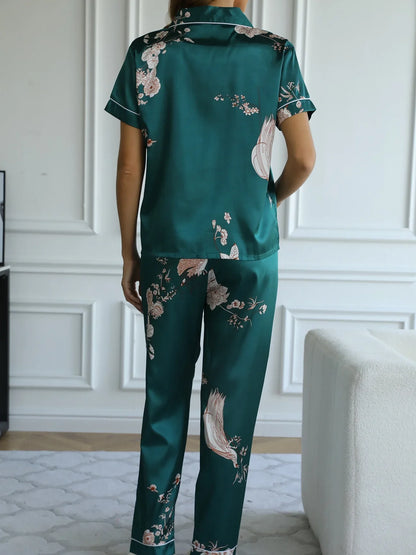Green Floral Satin Pajamas - Smooth & Comfortable Short Sleeve Pocket Lapel Top & Cozy Long Pants Women's Loungewear & Sleepwear