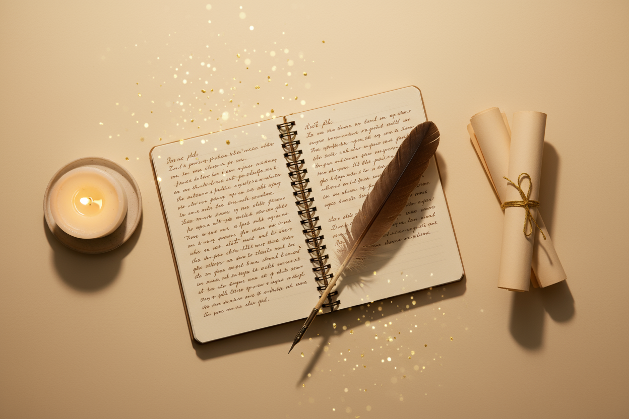 A clean, cozy flat-lay scene featuring an open notebook with soft handwritten notes, a small candle glowing warmly, a feather quill pen, and subtle magical sparkles or golden dust floating around. Include a few parchment papers stacked neatly, with soft shadows and warm ambient light. The background should be cream or warm beige, giving a calm, welcoming, and organized feel. The overall mood conveys clarity, helpfulness, and gentle magic — inviting visitors to find answers easily.