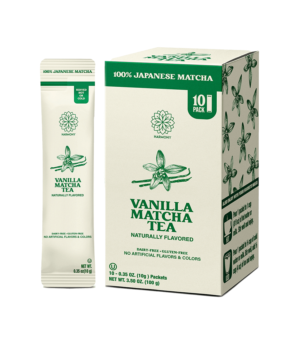 Harmony Matcha Vanilla – Premium Shade-Grown Japanese Matcha, Sweetened with Organic Sugar (10 Stick Packs)